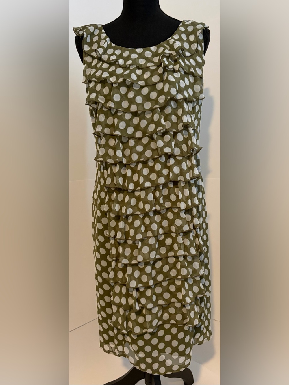 dressbarn Olive & White Polka Dot Ruffle Midi